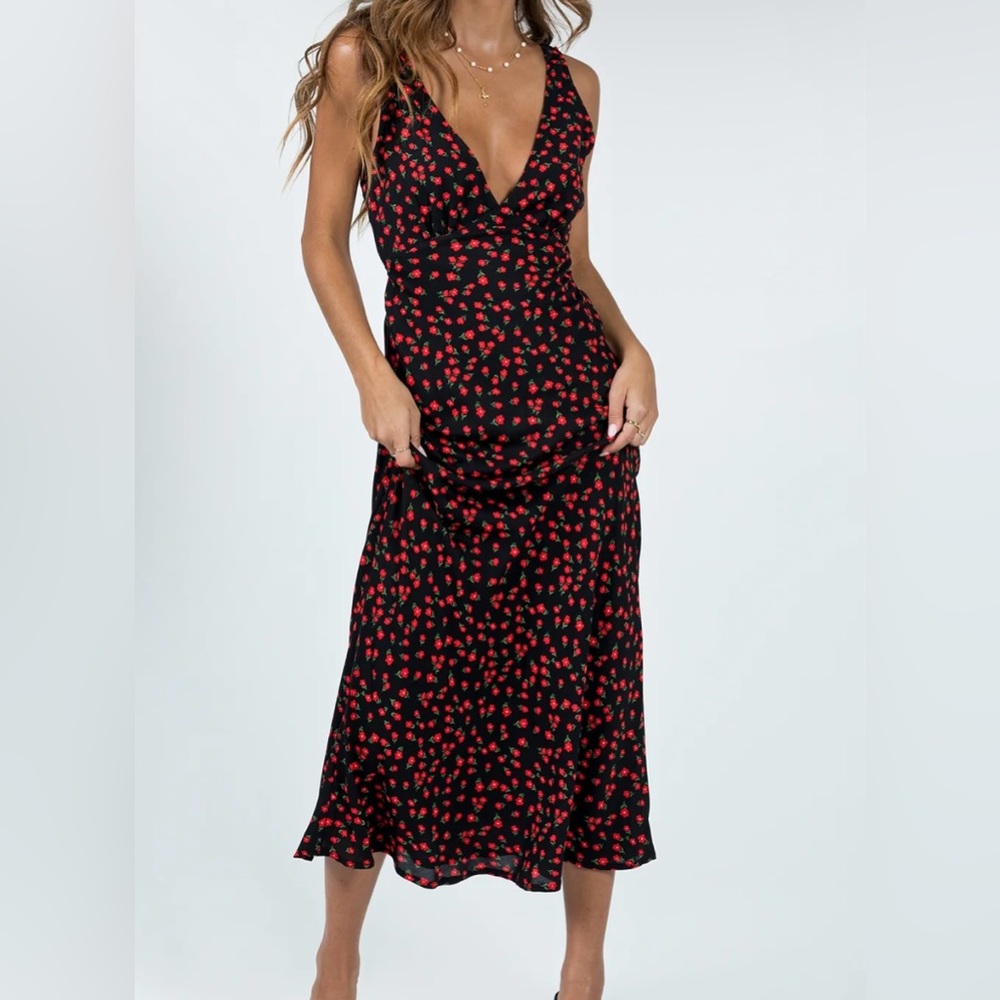 Princess Polly Black Midi Dress with Red Floral Print